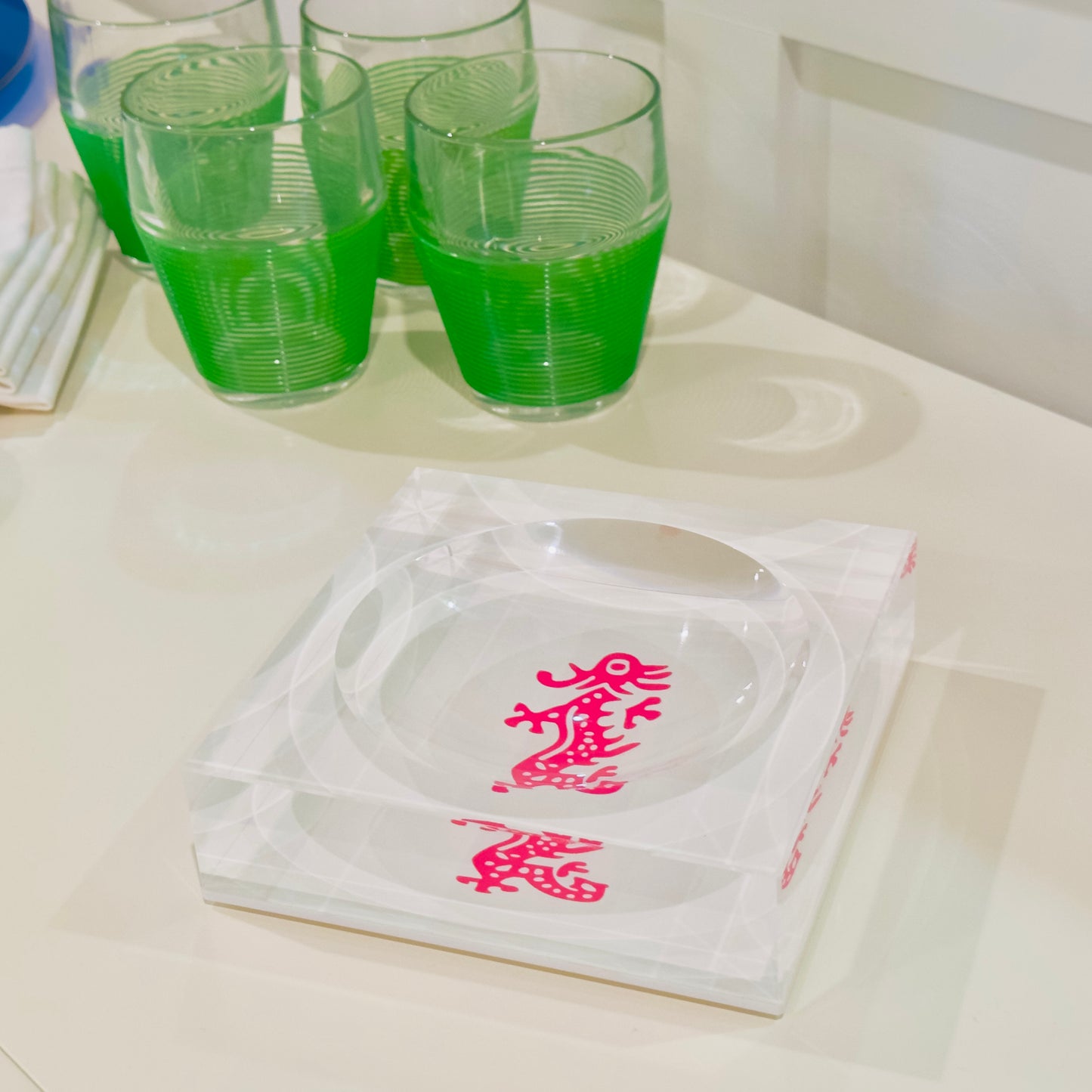 Acrylic Block Mahjong Pink Dragon Bowl / Catch-All Dish