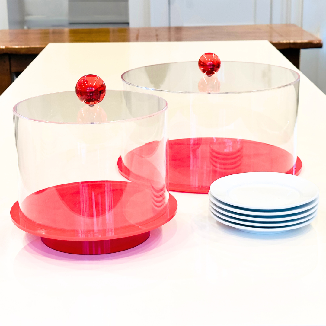 Tara Pastry Tray - britt elizabeth 2 clear cake trays on a white table with white round dishes next to them