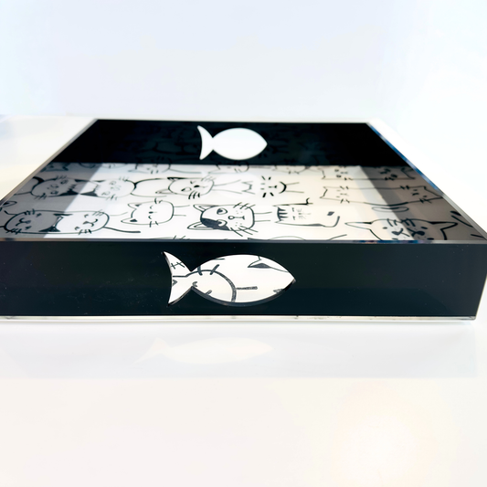 Maybee - Square Serving Tray - britt elizabeth with cat faces on a square black tray on a white table
