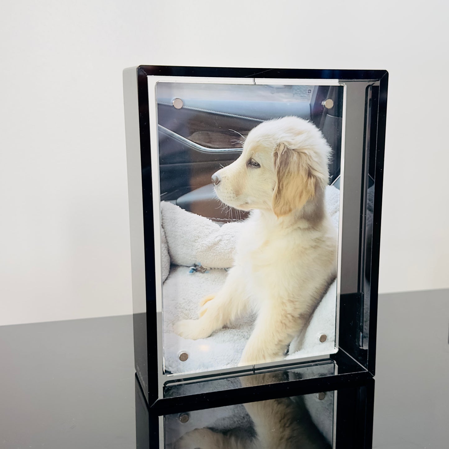Black and clear frame with a puppy picture inside on a gray surface.